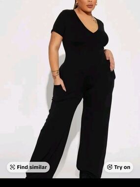 Fashion Nova Black V-Neck Short Sleeve Wide-Leg Jumpsuit